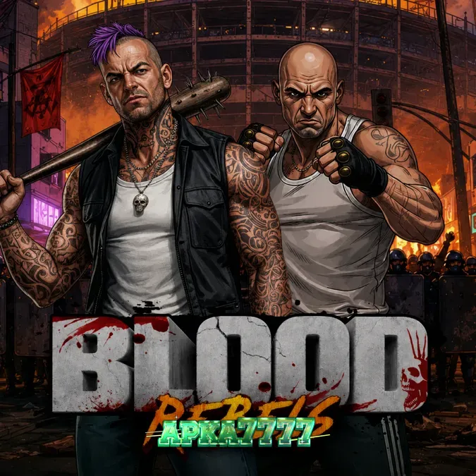 Tampilan visual slot Blood Rebels dengan suasana kota yang kelam dan grafiti